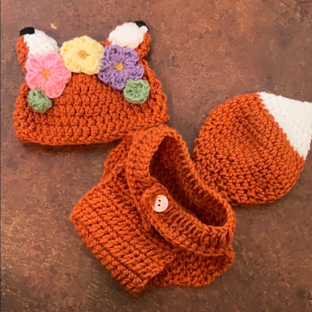 Hand crocheted Fox hat and diaper cover